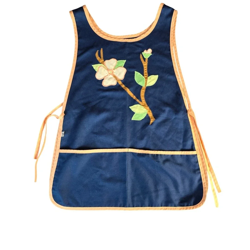 Retro‎ Mod Blue Cotton Tabard Apron Pink Trim Dogwood Blossom Applique Vintage M